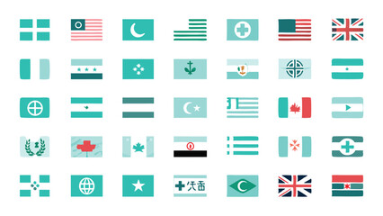 A collection of flags of the world, each flag is represented by a simple vector icon with teal and white colors.