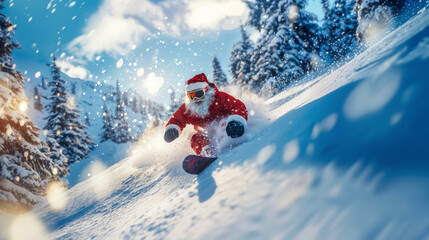 Santa Claus snowboarding down a snowy mountain slope, Christmas card concept © Ed