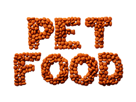 Brown kibble arranged in the words pet food on a transparent background