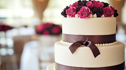   Close-up of a tiered cake with pink and brown flowers on top and a brown ribbon on the base