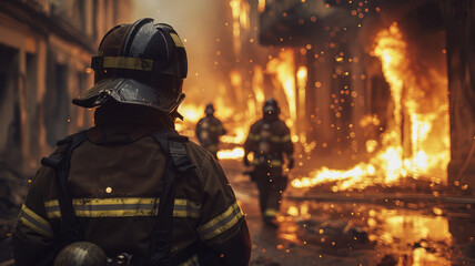 Firefighters battling a blazing fire with flames all around.