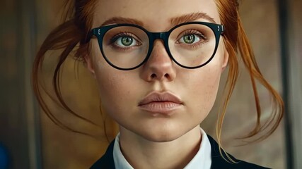 A young woman with vibrant red hair and distinctive glasses gazes thoughtfully, exuding an aura of introspection and charm in a warm environment - Powered by Adobe