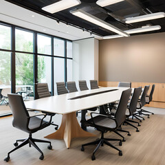 Meeting room with a table in the center, chairs around it and a painting on the wall. AI generated