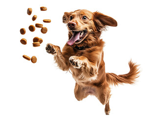 Golden retriever leaps joyfully while catching dog treats in mid-air against a transparent background