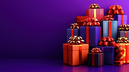   A pile of colorful wrapped presents sits on top of a purple surface, against a purple background