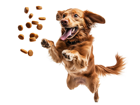 Golden retriever leaps joyfully while catching dog treats in mid-air against a transparent background