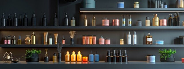 Fototapeta premium Elegant shelf display of luxury cosmetic products in a modern store