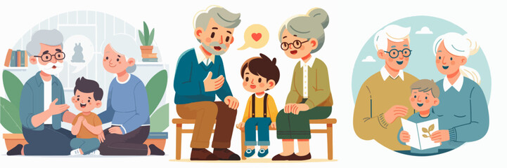 Vector collection of grandparents telling stories to their grandchildren