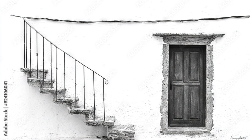 Sticker   A monochrome snapshot captures a flight of stairs adjacent to a white structure featuring a doorway and a casement