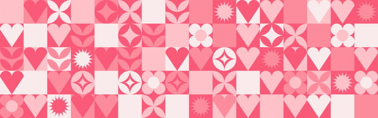 Seamless pink background for Mother's Day card template. Trendy geometric shapes with circles, squares and hearts in retro style for a Valentine's Day or wedding day cover.