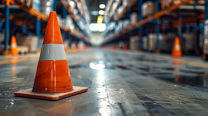 Orange traffic cone in a warehouse setting, wet floor.