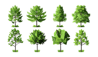 3D vector illustration Greenery forest trees shapes, ornamental trees, nature landscape design, outdoor tree planting, forest tree, lush green forest backdrop, realistic 3D forest scene