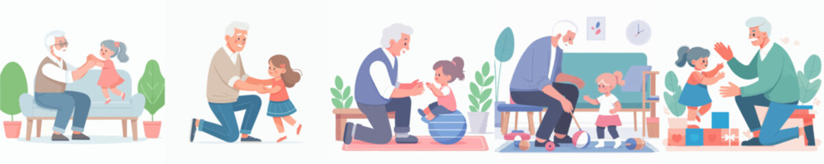 Vector collection of grandfather playing with his grandson