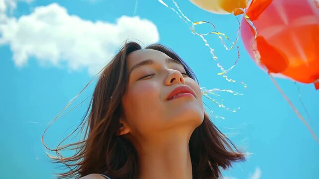 Observe the serene happiness of a woman with closed eyes, holding a bunch of multicolored balloons that seem to float her worries away into the blue sky