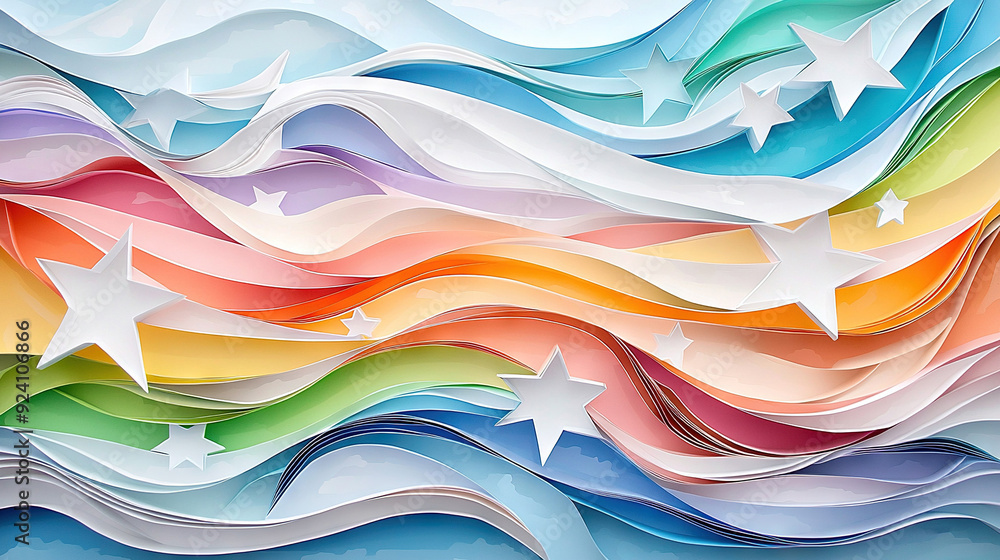 Poster a close-up of multi-colored waves of paper featuring stars above and below