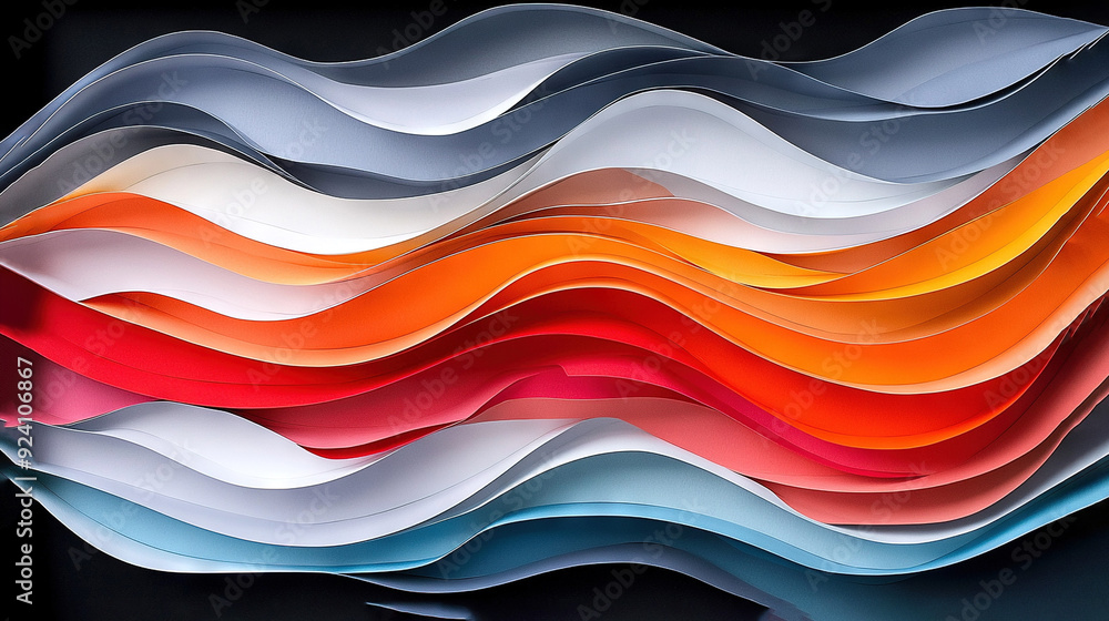 Poster a multicolored wave of paper within a black frame featuring a black edge border