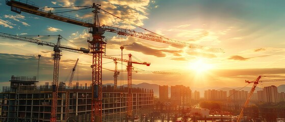 Infrastructure development planning on a construction site, cranes and building frameworks in view