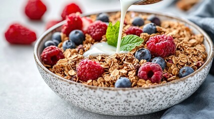   A bowl of granola with yogurt, blueberries, and raspberries