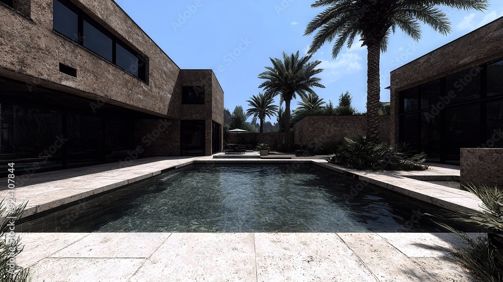 Poster a pool in front of a building surrounded by palm trees