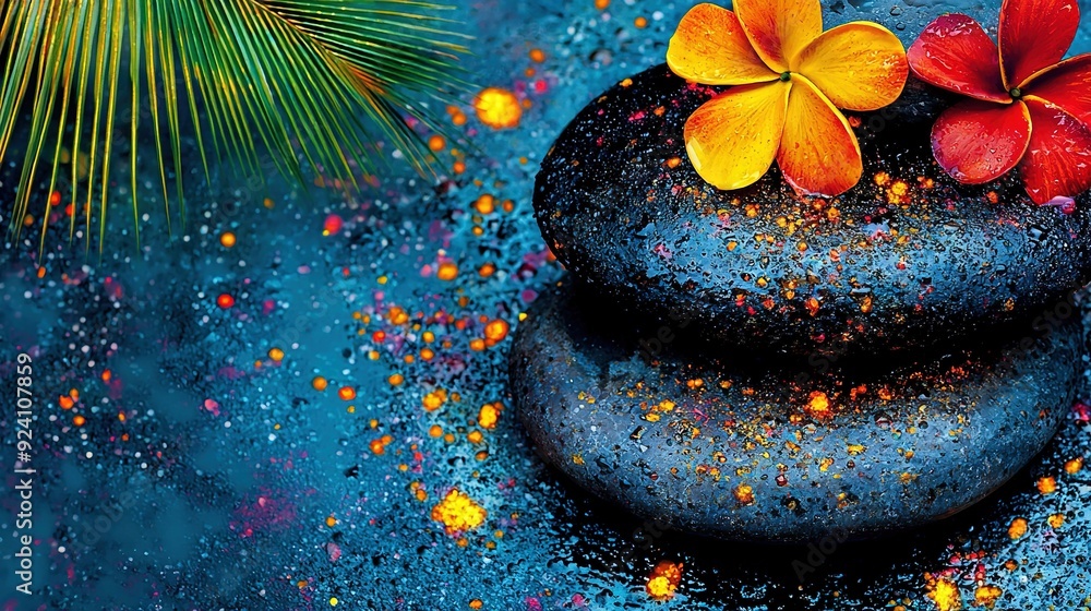 Poster a close-up image features a rock with a blooming flower on its surface, while a palm tree is visible