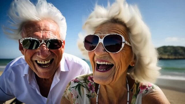 A lively couple experiences pure joy, laughing heartily on a beautiful beach under the bright sun, celebrating their love and carefree spirit