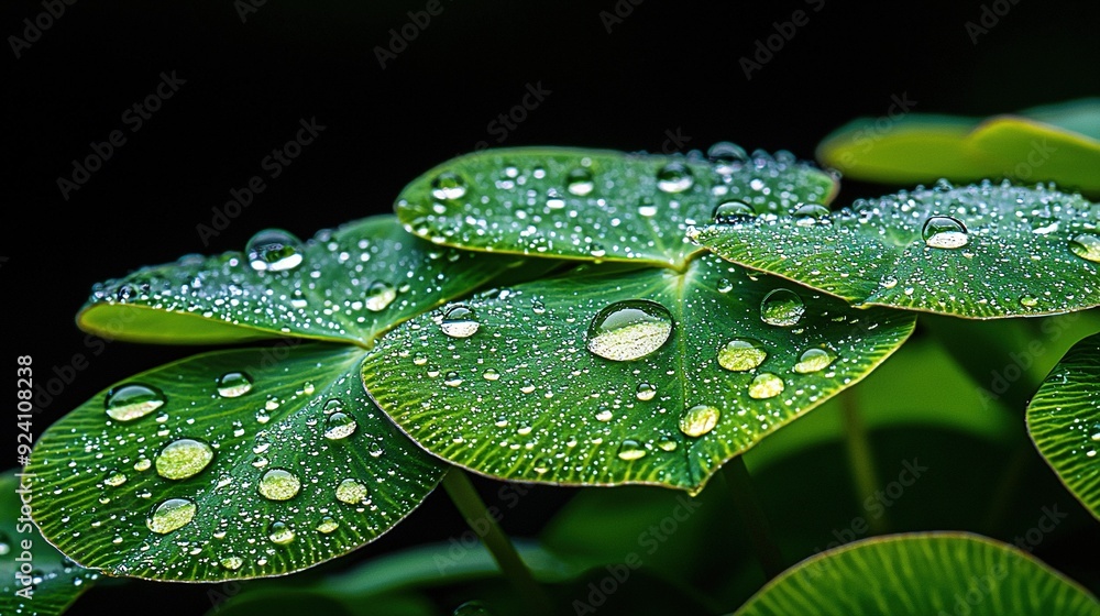 Poster a macro shot of a damp green foliage with dewdrops on its surface, set against an expanse of lush gr