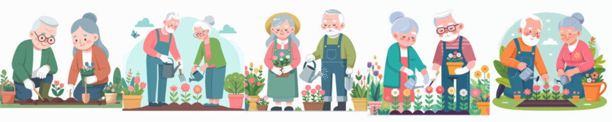 Collection of vectors of grandparents planting flowers