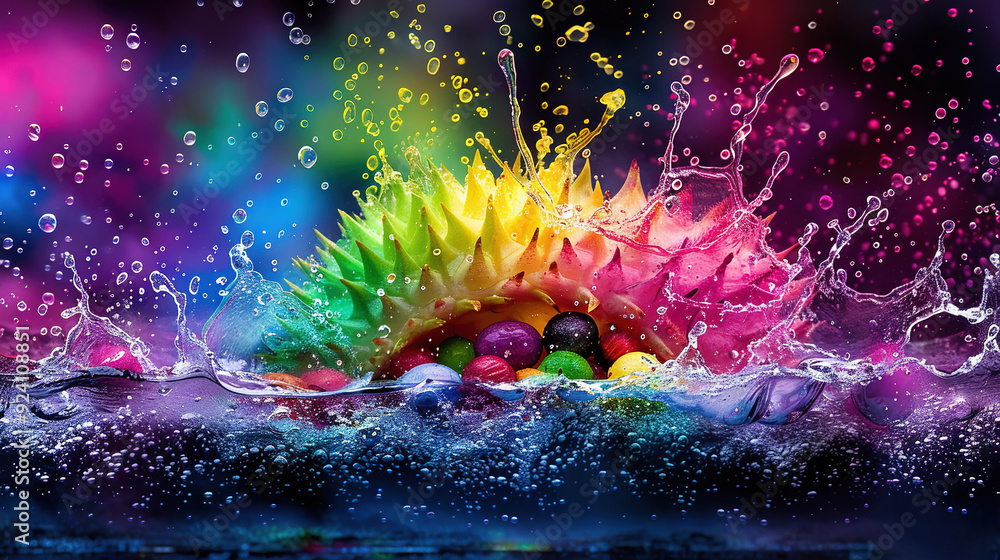 Poster a close-up of a rainbow-colored object with water droplets on the image's bottom, and another rainbo