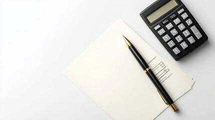  image is ideal for use in content related to financial planning, business transactions, and paycheck processing. The clean, professional presentation of the blank cheque book, pen, and calculator
