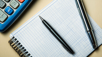  image is ideal for use in content related to financial planning, business transactions, and paycheck processing. The clean, professional presentation of the blank cheque book, pen, and calculator