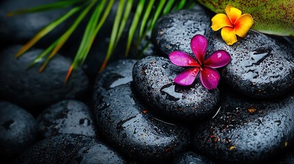   A cluster of black stones featuring a flower on top, alongside a banana leaf and another flower