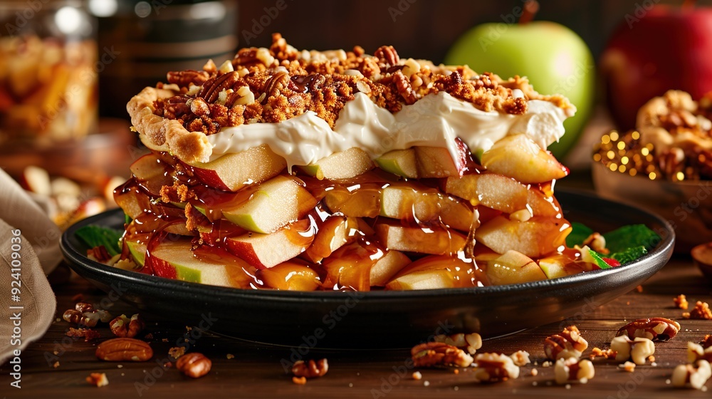 Poster   A plate of apples and nuts is displayed in a close-up shot, accompanied by other similar items in the background