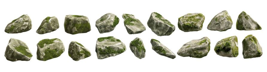 vector illustration Moss rock shape realistic cut out backgrounds, Boulder Shape, mossy nature rock shape, 3d rendering transparent background