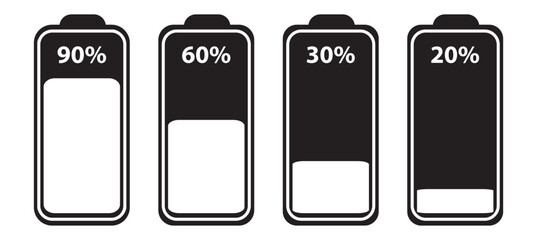 Battery charge many color flat icons. Battery charging, charge indicator. Vector battery power icon powerfully charged. Vector illustration