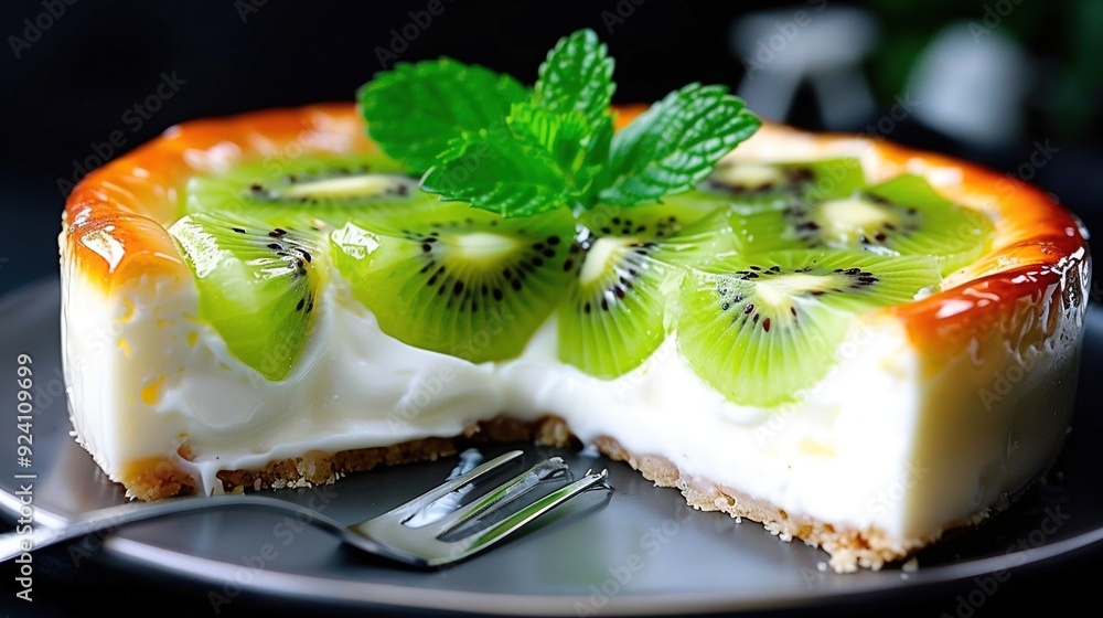 Poster a macro shot of a platter featuring a fork and a piece of cake surrounded by sliced kiwis
