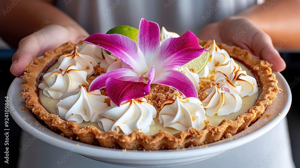 Poster a close-up of a person holding a pie with a flower and a slice of lime