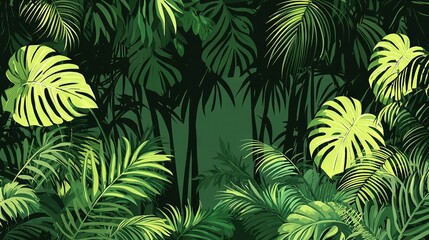  Image of a lush jungle with palm trees and verdant foliage set against a backdrop of emerald green, all framed by a striking black-and