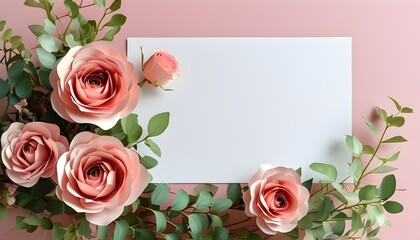 Romantic floral decorations and blank paper are suitable as a background for invitations or cards.