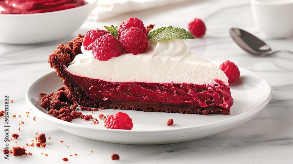Poster a photo of a piece of raspberry cheesecake on a plate with a fork and a bowl of raspberries in the b