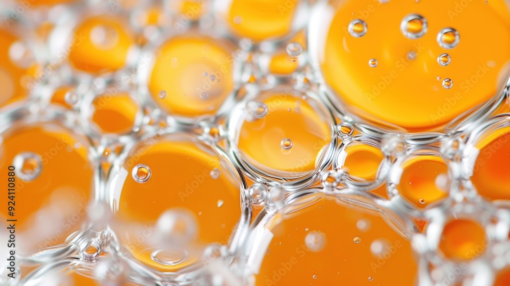 Poster a macro shot of an array of orange and white bubbles adorned with water drops