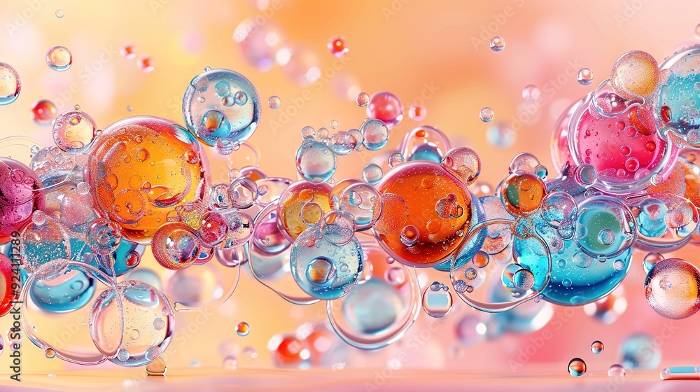 Poster bubbles float in water, forming a layer on top the surface is dotted with tiny drops of water