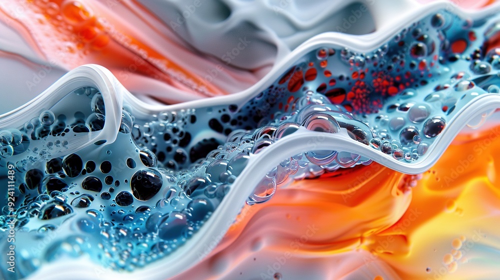 Poster close-up of colorful liquid with many bubbles at the bottom