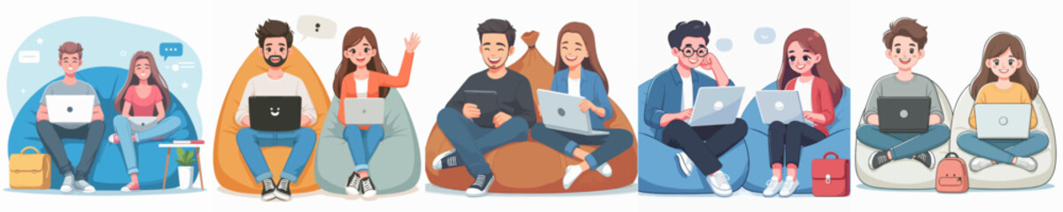 vector set of a happy man and woman working on a laptop computer while sitting on a beanbag chair
