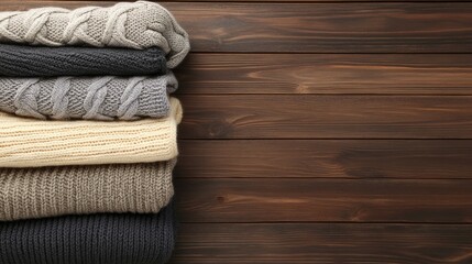 A stack of soft blankets and sweaters in neutral colors rests on a wooden surface, offering warmth and comfort perfect for winter decor.