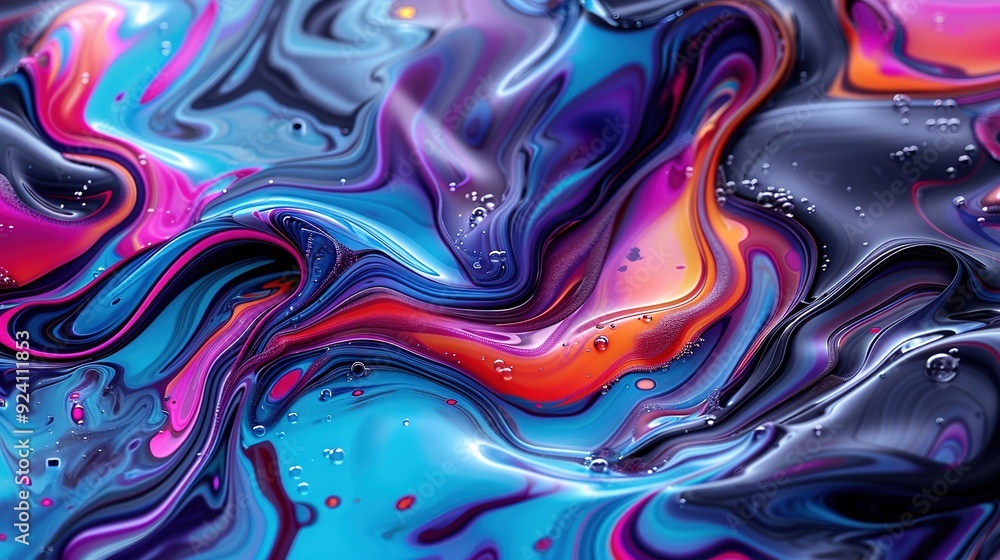 Poster a high-resolution image capturing the intricate details of a multi-colored liquid substance with wat