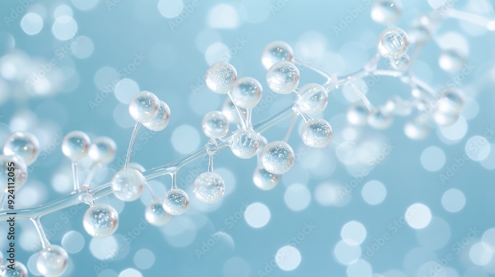Poster a close-up of several bubbles dangling from a string against a blue and white background