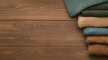A stack of soft blankets and sweaters in neutral colors rests on a wooden surface, offering warmth and comfort perfect for winter decor