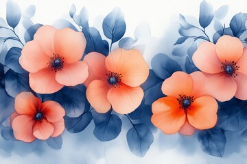 Delicate peach flowers with blue leaves arranged aesthetically on a soft background