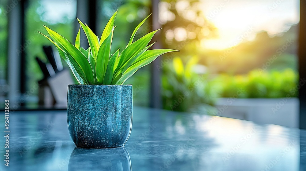 Poster a close-up of a plant in a vase on a table with a view of a building in the background