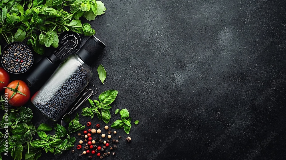 Poster an overhead view of spices and herbs on a black background with a copy of a recipe written in the to